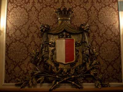 ...sormontato da una corona a cinque torri e sostenuta da due rami laterali d�alloro e di quercia